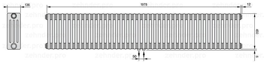 Схема (чертеж) Радиатор Zehnder Charleston 4045/43 №5410 Белый глянцевый RAL 9016